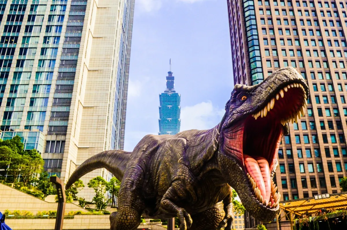 T-Rex roaring in an urban downtown area