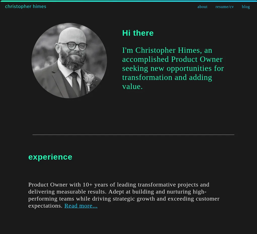 Dark mode version of this site with a near black background, bright blue links, white text, and bright green header text