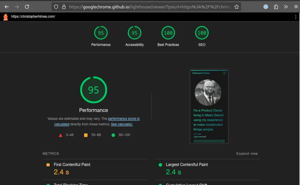 Past lighthouse scores of 100% in all categories but performance and accessibility at 95%