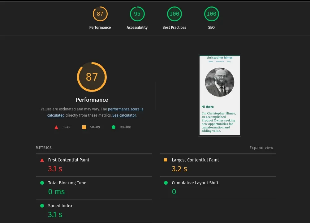 Recent light mode scores with 87% for performance, 95% for accessibility, and 100% for best practices and SEO