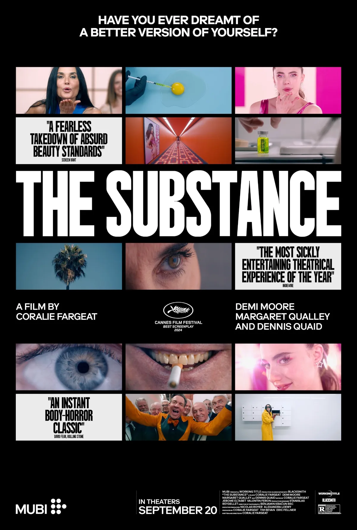 The Substance Movie Poster with various scenes from the movie and reviews