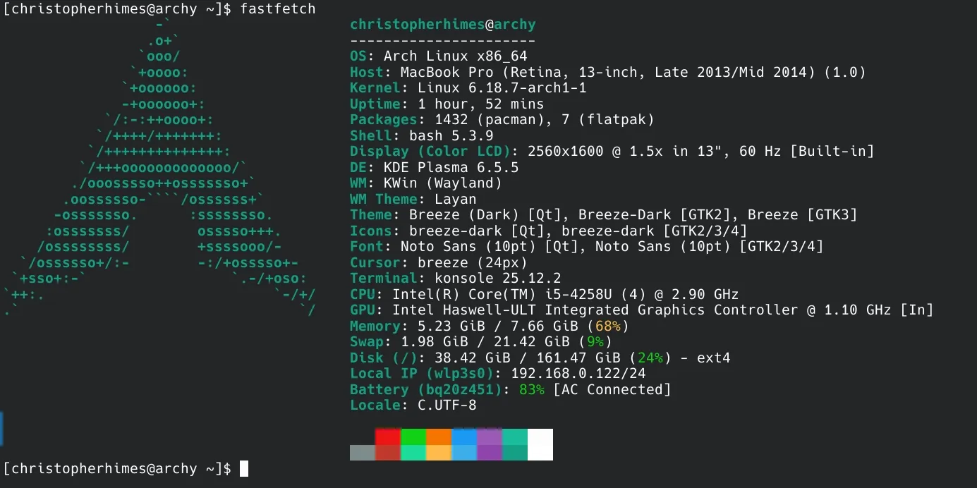 fastfetch on Macbook Pro showing version of Arch Linux installed